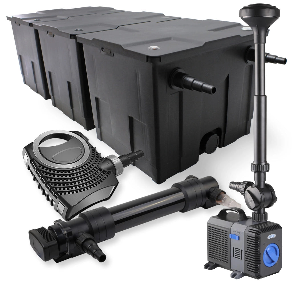 Set Filtro a 3 camere laghetto 90000l con Chiarificatore UVC 36W Pompa NEO10000 80W Fontana