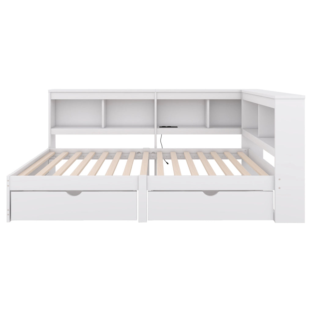 Letto daybed 90x200 cm con 2 cassetti; presa e 2 USB; ripiani laterali; bianco