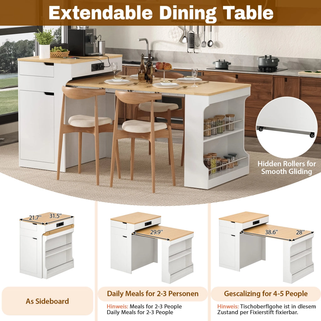 Tavolo allungabile con ruote e prese integrate mobile contenitore con due cassetti per cucina e sala da pranzo