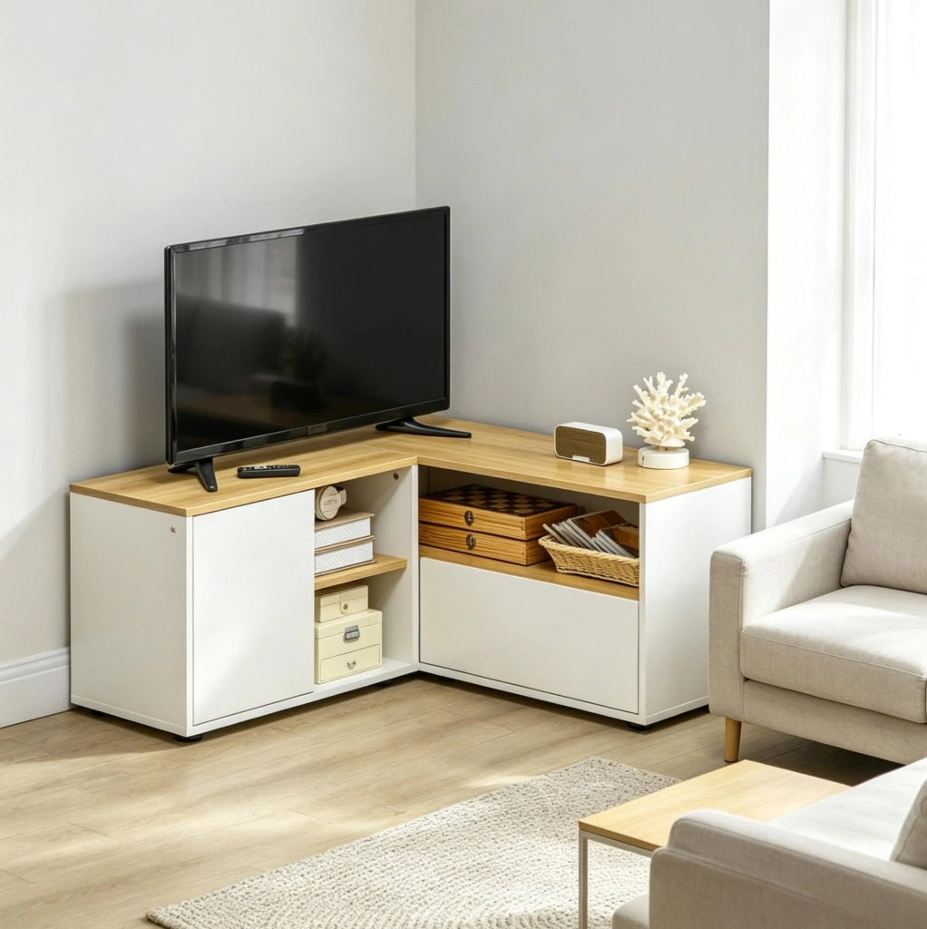 Mobile TV angolare con 5 vani, bianco e legno chiaro