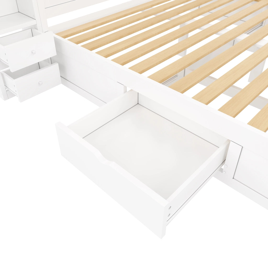 Letto contenitore 140x200 bianco con 7 cassetti; testiera libreria e luce LED