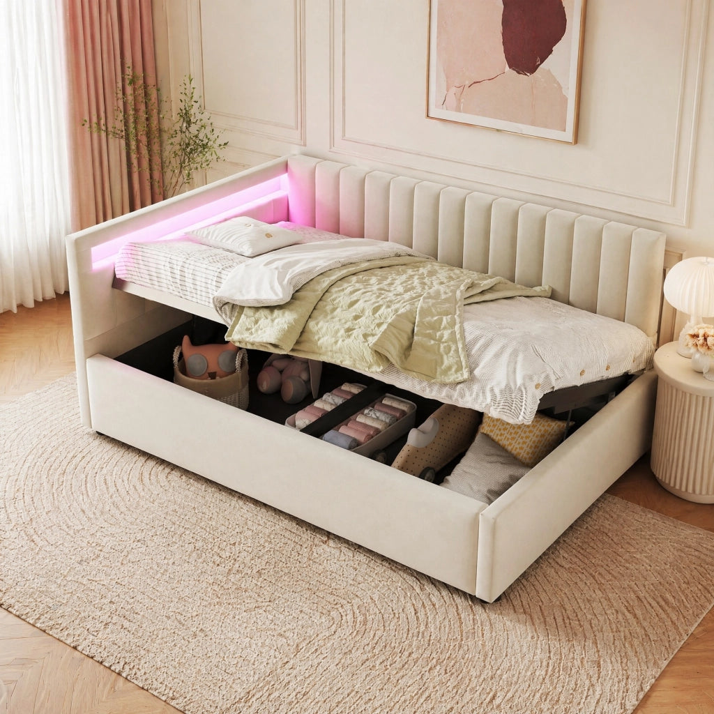Letto imbottito 90x200 cm con LED; contenitore idraulico; velluto beige