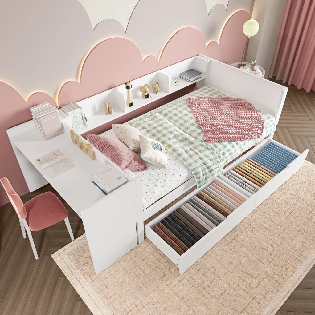 Letto 90x200 cm con scrivania; 2 cassetti e ripiani in legno bianco
