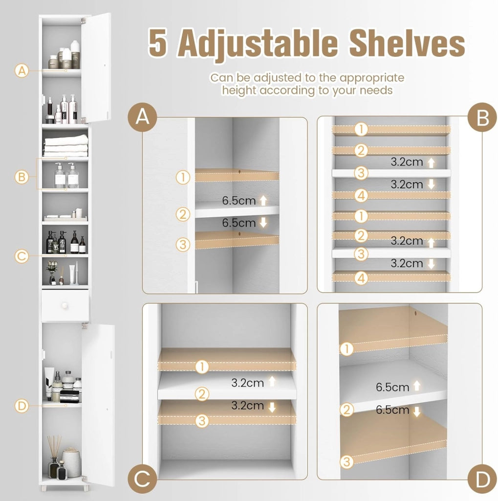 Armadio da Bagno Sottile e Alto con Ante, Mobiletto Bagno Salvaspazio Cassetto e Ripiani Regolabili, Design Moderno, 20 x 20 x 180 cm, 4 Colori