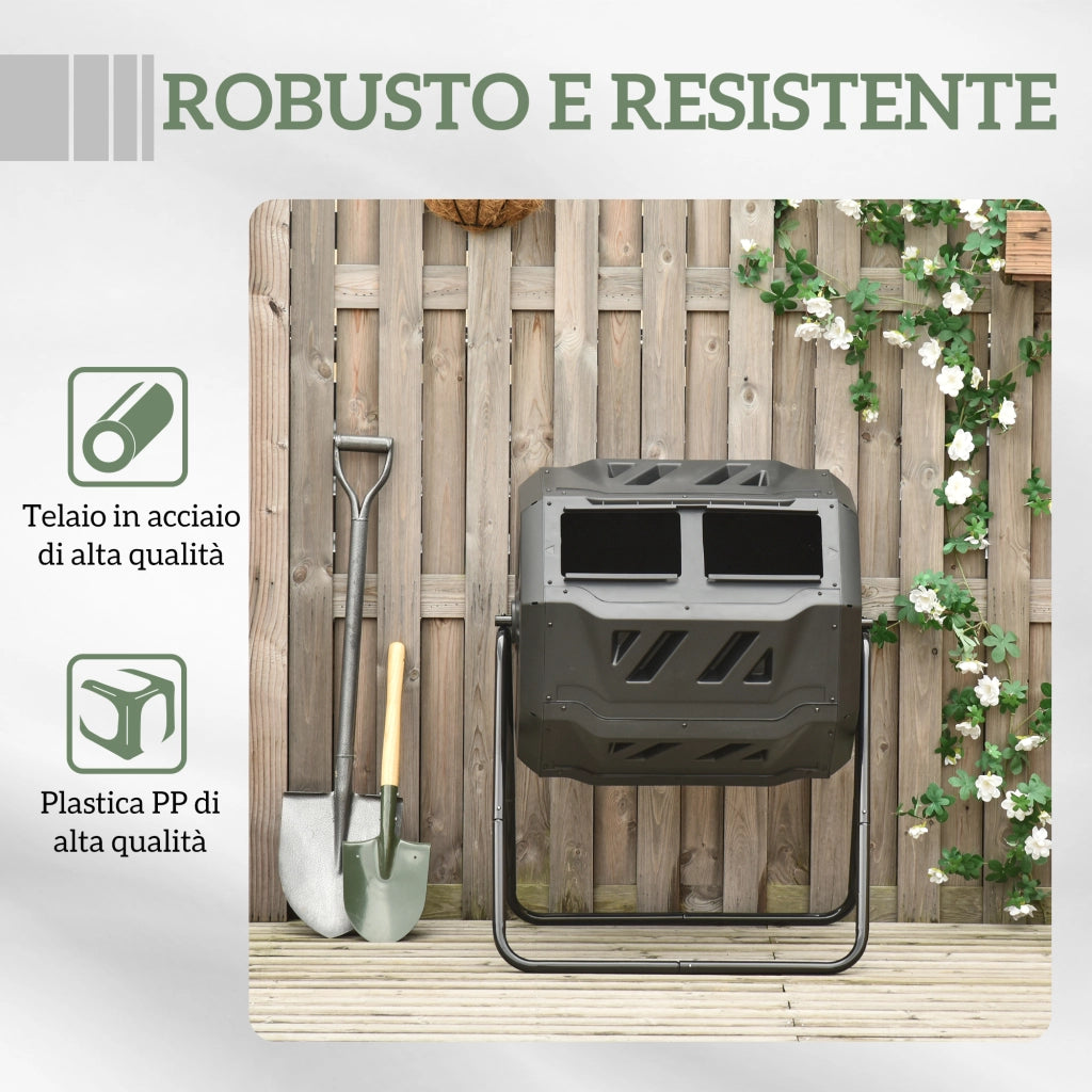 Compostiera da Giardino Girevole a 2 Sezioni con 8 Prese d'Aria, Acciaio e PP, 71x65x96 cm, Nero