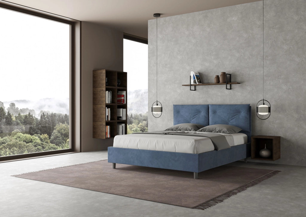 Letto Matrimoniale 160x210 cm con Rete e Contenitore Giroletto con Alzata Comoda Imbottito in Microfibra Appia Blu