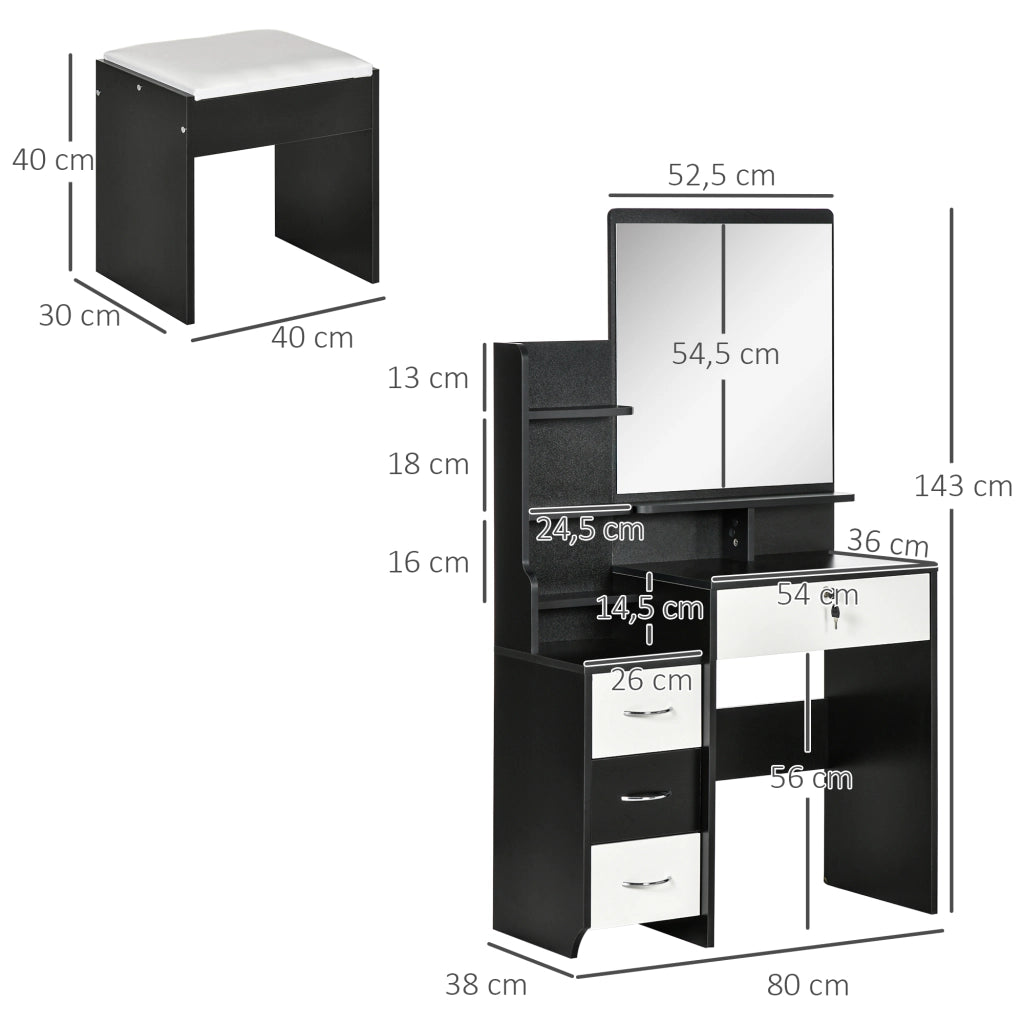 Scrivania da trucco con specchio e cassetti ¨C Zephmum ¨C Bianco e nero 90x50x75