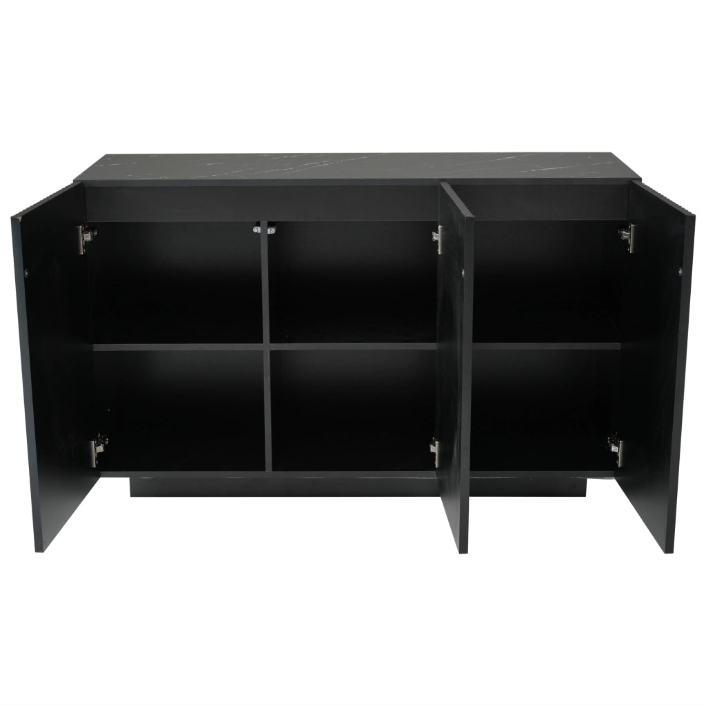 Credenza moderna 120 cm con LED Bluetooth, finitura nera effetto marmo, 3 ante e 6 scomparti