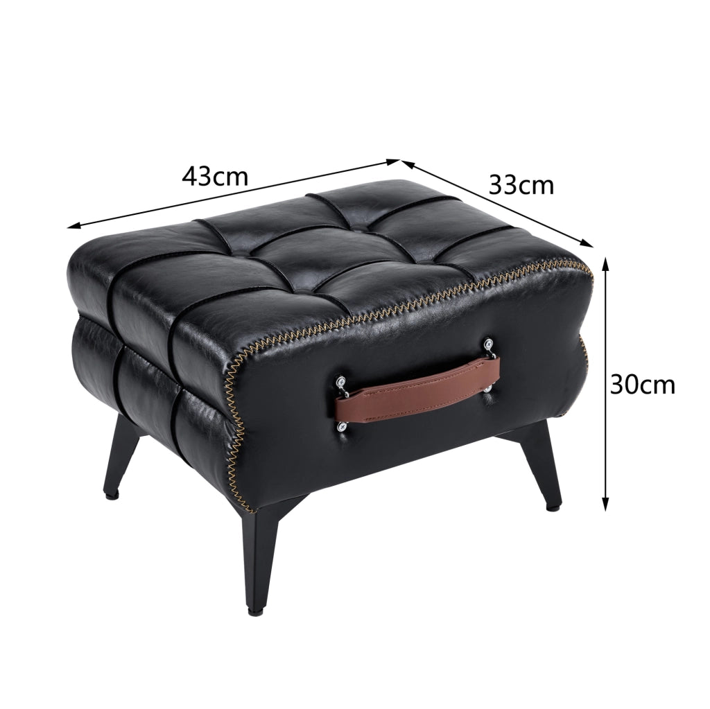 Pouf poggiapiedi portatile in PU nero con maniglia marrone e gambe in acciaio