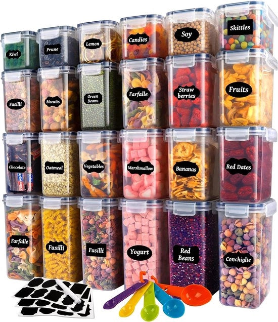 Set di 20 contenitori in plastica a chiusura ermetica, set di contenitori per organizzare la cucina per spaghetti, muesli, farina, cornflakes (2,8 l, 2 l, 1,4 l, 0,8 l, 0,52 l)