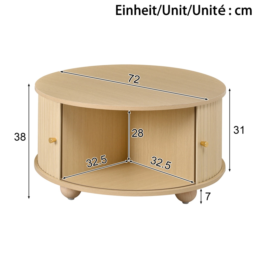Tavolino da salotto rotondo 72x72x38 cm con due ante scorrevoli in MDF naturale