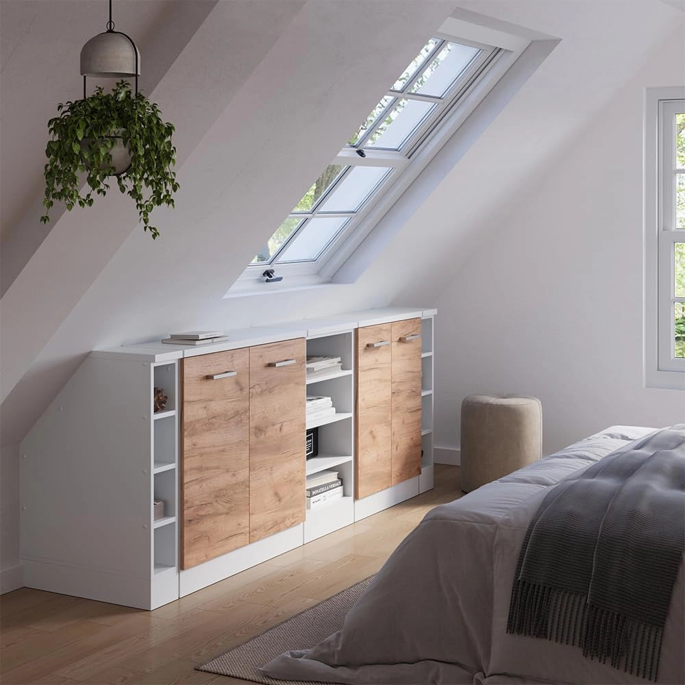 Set di mobili sottotetto Rion, Quercia dorata, 210 cm Set di 5 carcasse armadio profondità 60 cm, adatto per il salvaspazio sotto tetti spioventi
