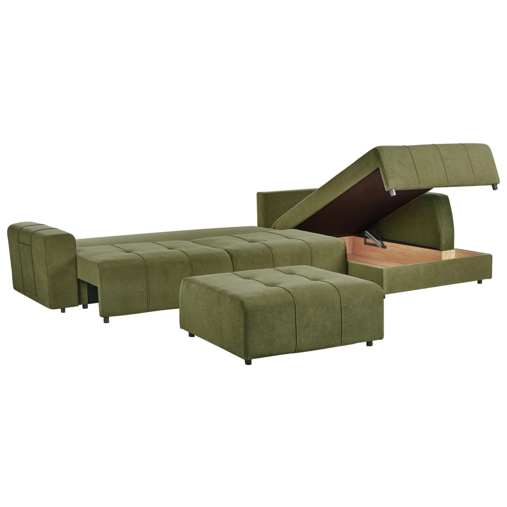 Divano letto a 4 posti ad angolo con rivestimento in tessuto verde a sinistra con contenitore e ottomano spesso imbottito