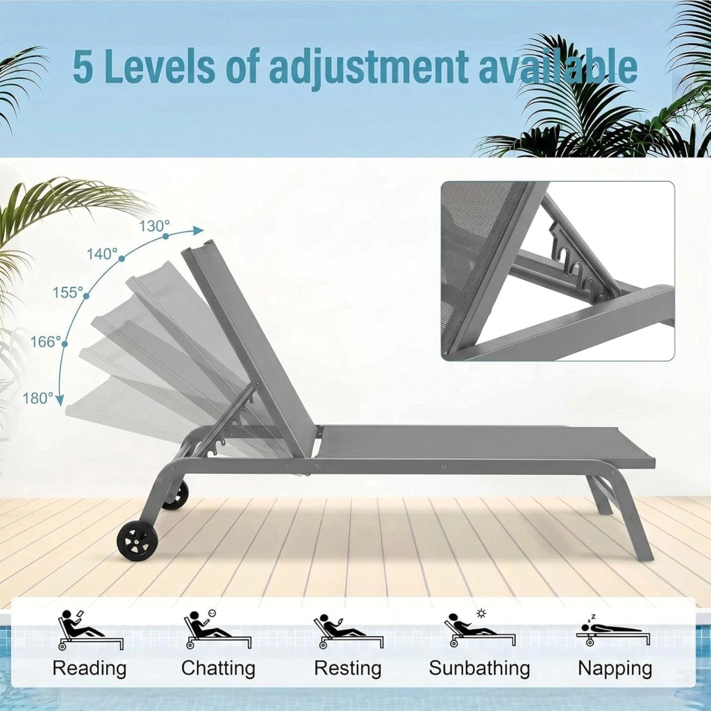 Set di 1 lettino da giardino con ruote, resistente alle intemperie, schienale regolabile in 5 posizioni, per esterni, portata fino a 120 kg, per giardino, piscina, balcone, terrazza, grigio