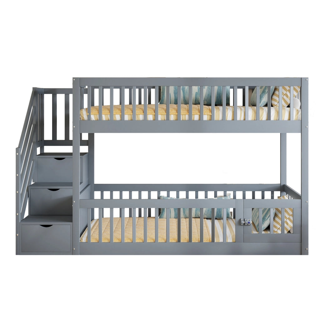 Letto a castello per bambini 90x200 - Zephmum - Grigio con scala di sicurezza e cassetti