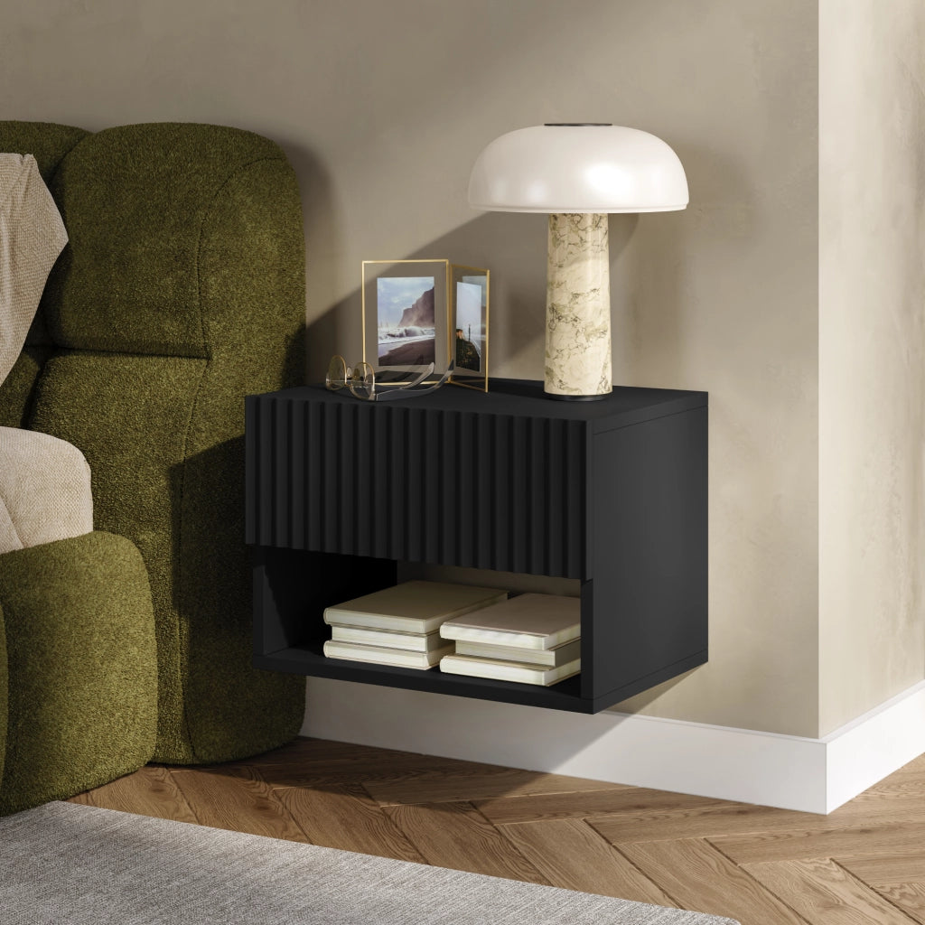 Comodino Sospeso da Parete Nand con Cassetto e Scomparto 42x30x30 cm Nero [en.casa]