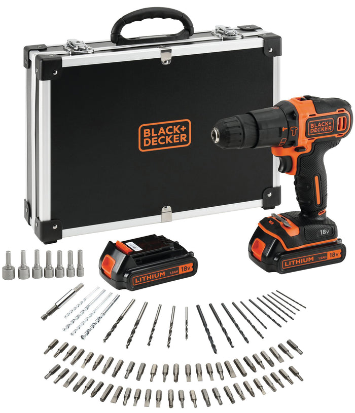 Black+Decker TRAPANO AVVITATORE A PERCUSSIONE BDCHD18BAFC-QW 18V 2 batterie 1,5 Ah + 80 accessori