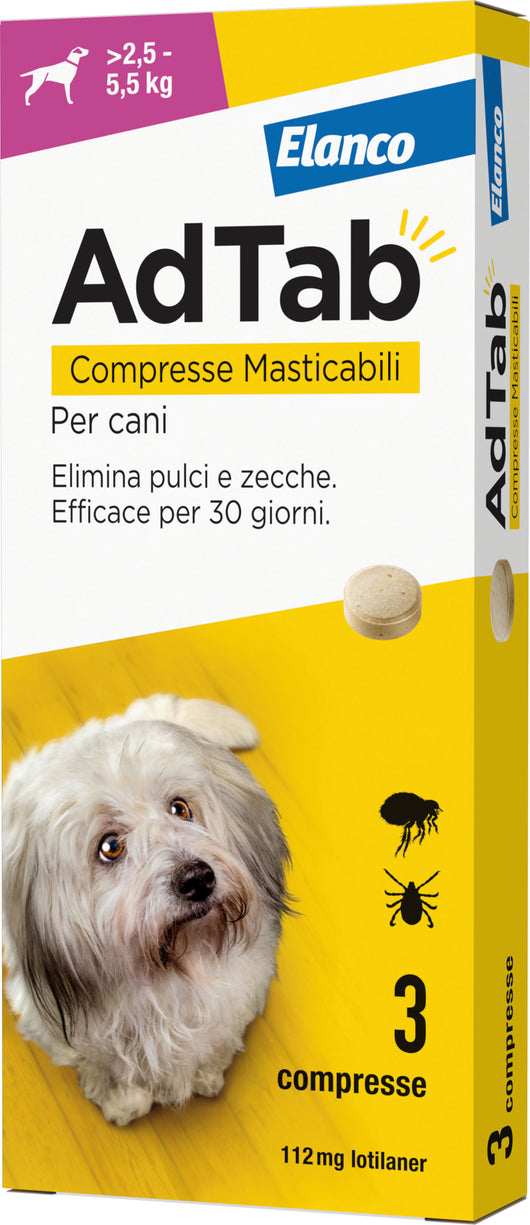 Elanco ANTIPARASSITARIO COMPRESSA MASTICABILE AdTab x cani  2,5÷5,5 kg. (cf. 3 compr. da 112,5 mg)