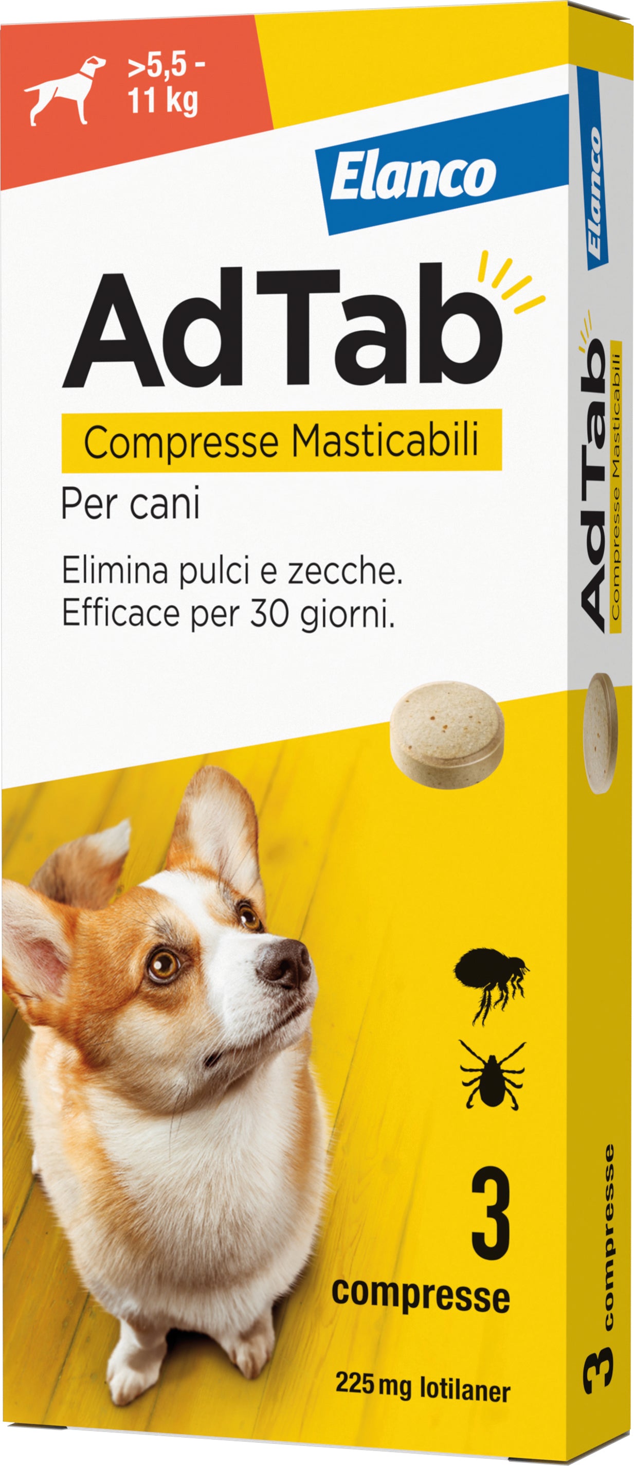 Elanco ANTIPARASSITARIO COMPRESSA MASTICABILE AdTab x cani  5,5÷11 kg. (cf. 3 compr. da 225 mg)