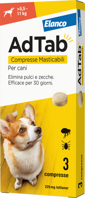 Elanco ANTIPARASSITARIO COMPRESSA MASTICABILE AdTab x cani  5,5÷11 kg. (cf. 3 compr. da 225 mg)