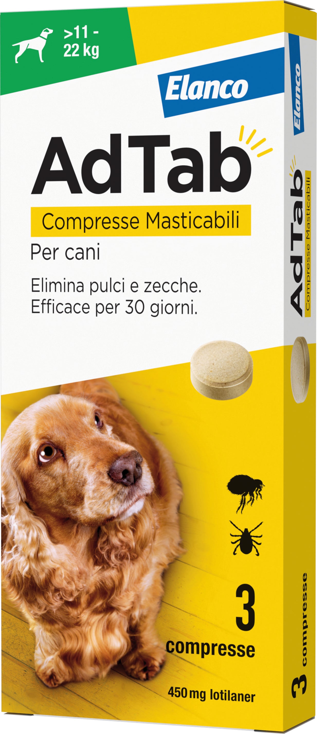 Elanco ANTIPARASSITARIO COMPRESSA MASTICABILE AdTab x cani 11÷22 kg. (cf. 3 compr. da 450 mg)