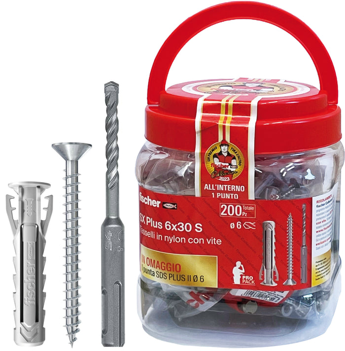 Fischer TASSELLO SX Plus 6x30 S BOX 200 PEZZI + OMAGGIO PUNTA SDS Plus