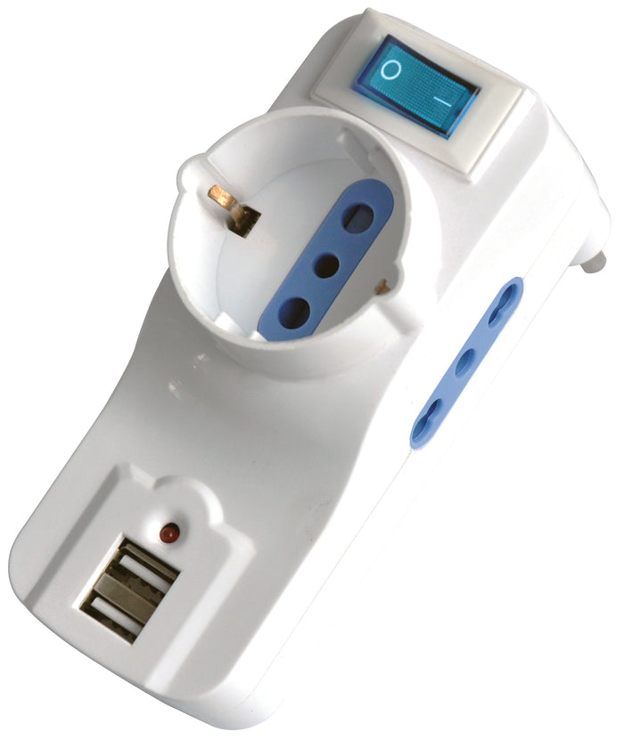 Globex ADATTATORE TRIPLO IN BLISTER 2P+T spina 16A/2 prese 10-16A+schuko c/interruttore+2 prese USB 5.00 pz