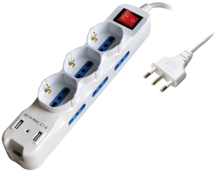 Globex MULTIPRESA IN BLISTER CON INTERRUTTORE 9 posti (6 bipasso + 3 schuko) + 2 prese USB