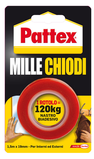 Nastro Biadesivo Extra Forte Millechiodi 19 mm x 1,5 m per Interni ed Esterni Fino a 120 kg di Tenuta Pattex Henkel
