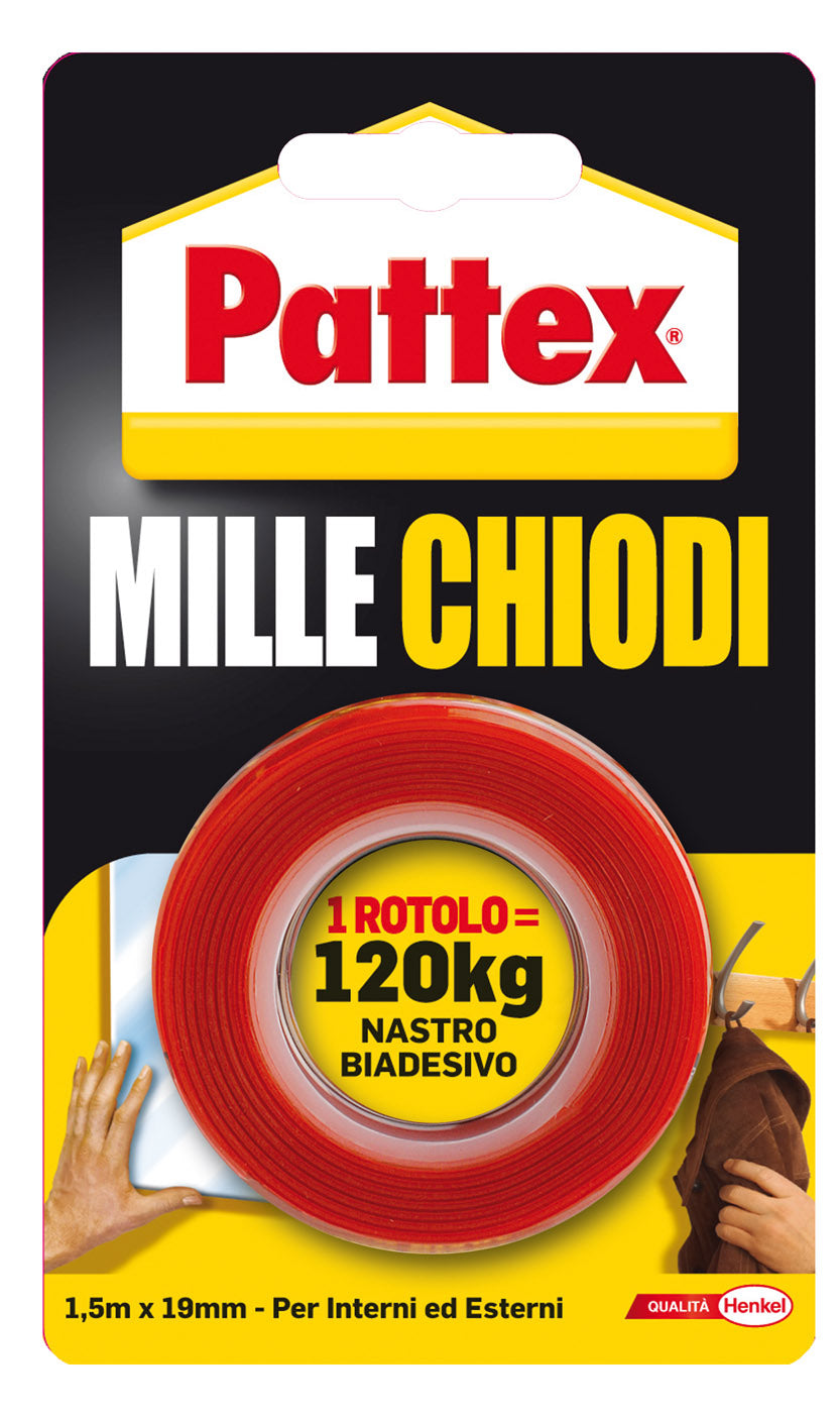 Nastro Biadesivo Extra Forte Millechiodi 19 mm x 1,5 m per Interni ed Esterni Fino a 120 kg di Tenuta Pattex Henkel