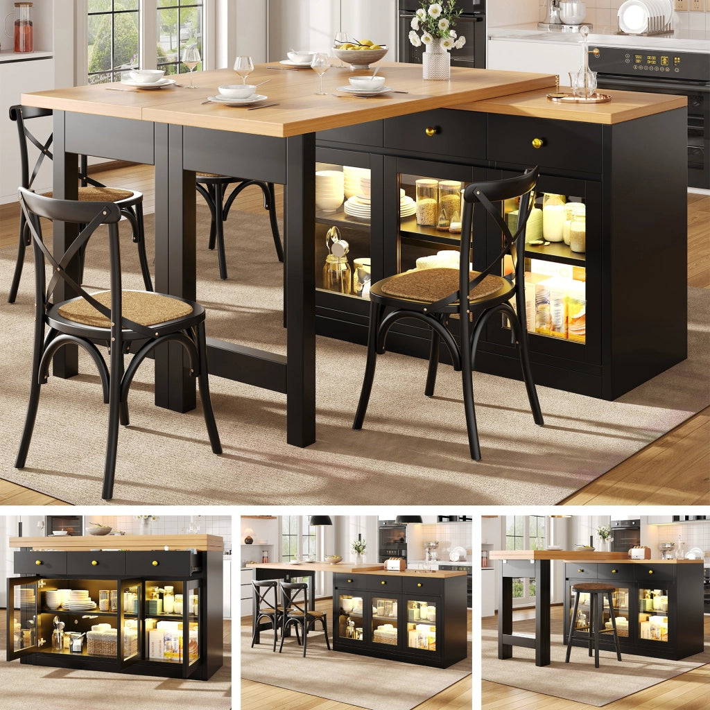Isola da cucina, tavolo allungabile, illuminazione a LED, 3 cassetti, ante in vetro, nero