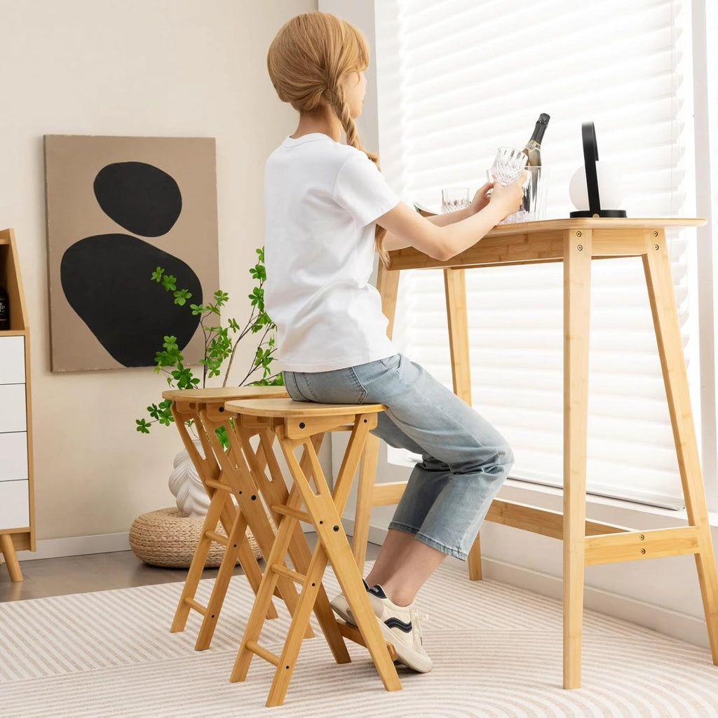 Sgabello da Bar Pieghevole in Bambù con Poggiapiedi Ergonomico, Set di 2 Sedie Confortevole Per Bar,Soggiorno, Sala da Pranzo, Bar, 36x33x61 cm (non Schienale)