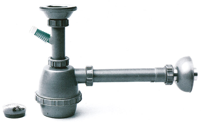 SIFONE IN PLASTICA A 1 VIA CON PILETTA E ATTACCO LAVATRICE  mis. 1.1/4