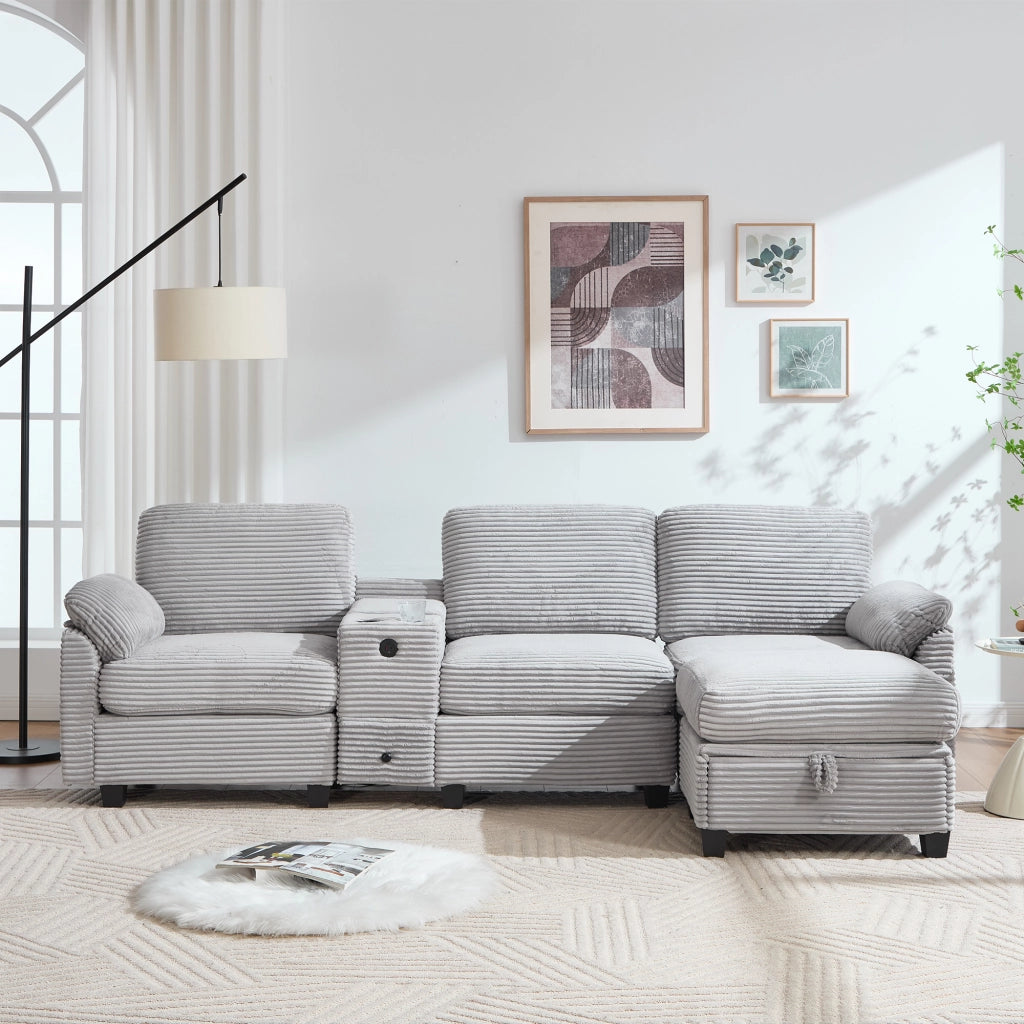 Divano ad angolo in cord con console scorrevole, porta USB-C, tasche laterali e pouf contenitore grigio chiaro