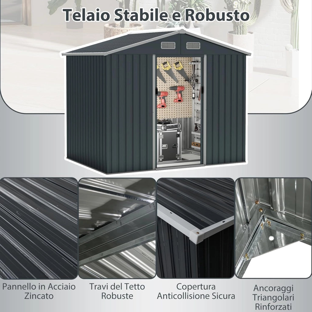 Casetta da Giardino 3,66㎡, Capanno da Esterno con Tetto Spiovente e Porte Scorrevoli, 4 Prese d'Aria e Base, in Metallo Zincato Resistente alle Intemperie, 235 x 171 x 196 cm