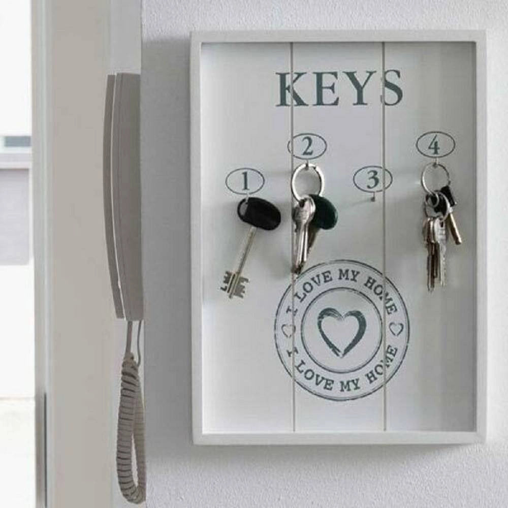 Trade Shop - Portachiavi Pannello Appendi Chiavi In Legno 4 Ganci 24 X 32 Cm I Love My Home -