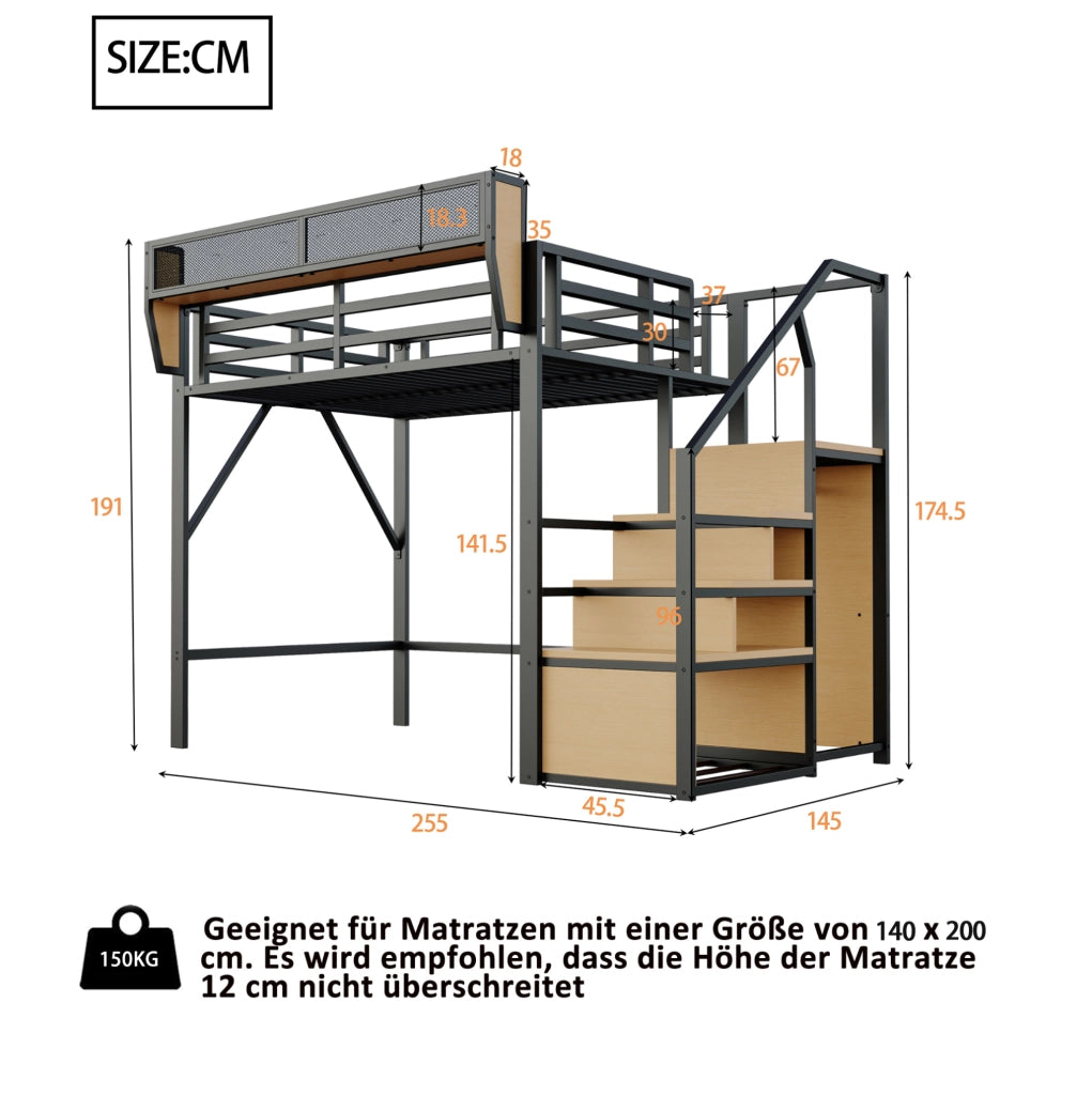 Letto a soppalco 140x200 cm con scala e ripiano regolabile in metallo e MDF nero