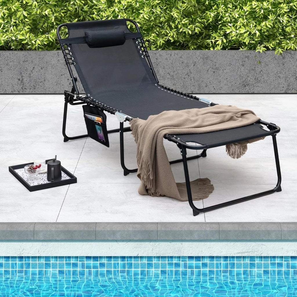 Lettino Prendisole da Giardino, Sedia a Sdraio Pieghevole con Schienale Regolabile, Cuscino Staccabile, Tasca, Portata 200 kg, 168-188 x 69 x 41-86 cm (Nero)
