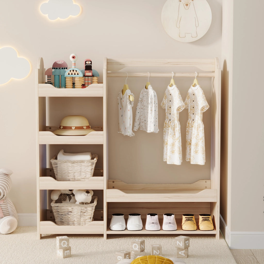 Armadio modulare aperto per bambini con asta appendiabiti e 4 ripiani, in MDF, naturale, 110 × 39 × 110 cm