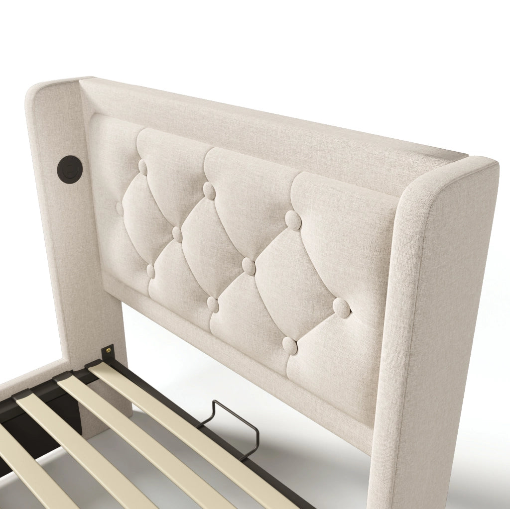Letto singolo contenitore ULEVR 90x200 cm beige con materasso, LED 3 lati, USB e Type-C