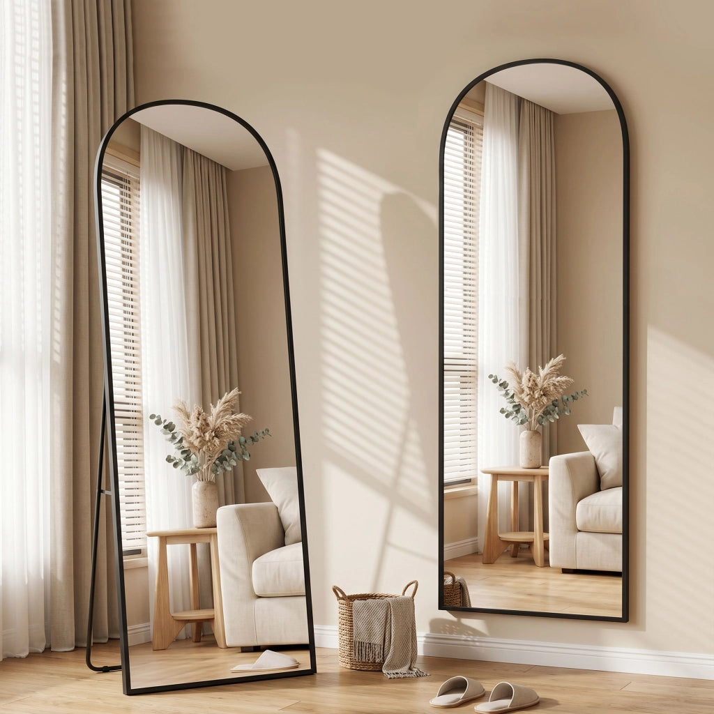 Specchio da Terra e Parete Moderno in Lega di Alluminio con Supporto Pieghevole. 50x170 cm. Nero