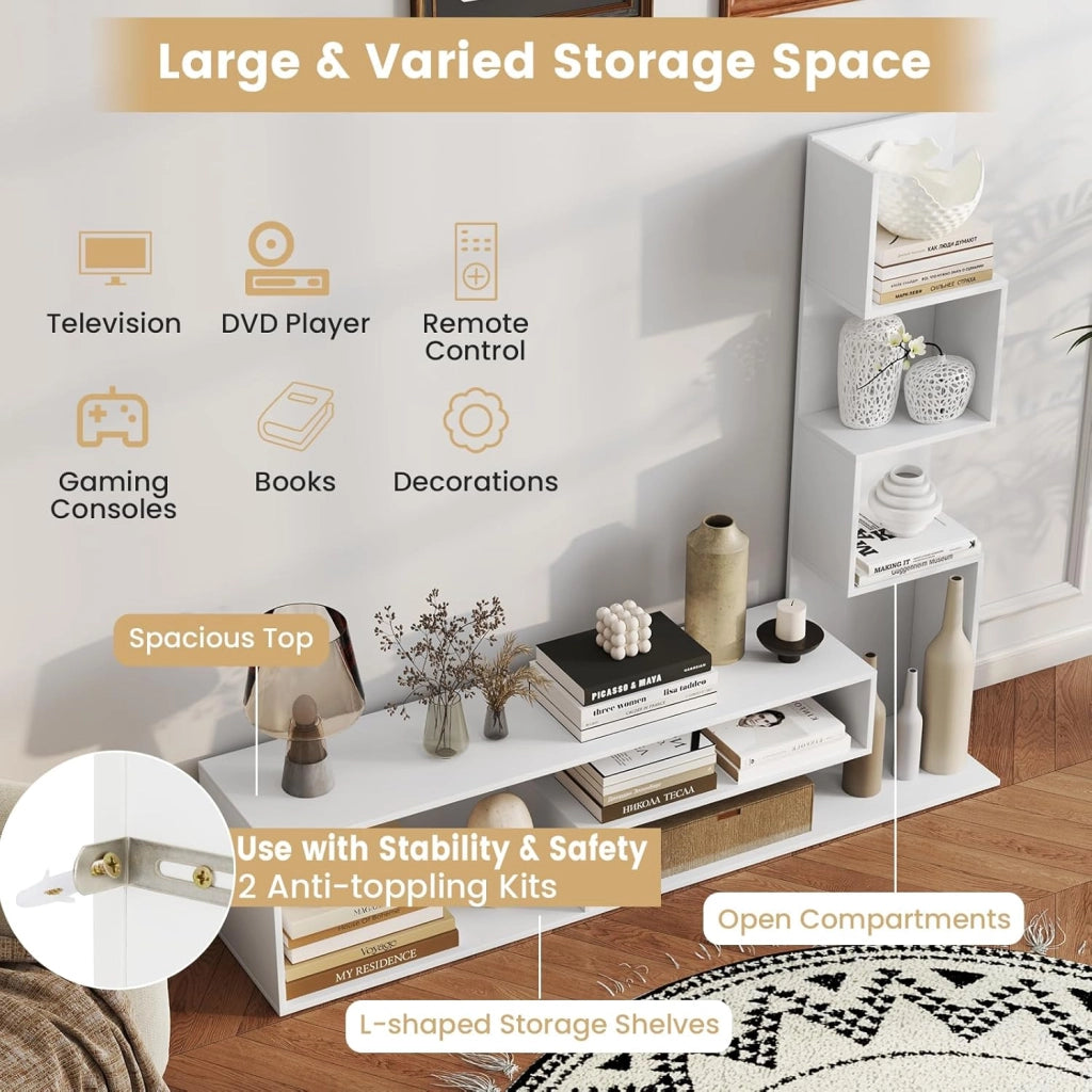 Mobile TV Soggiorno con Mensole a Forma di L e Scomparti Aperti, Mobiletto Multifunzione per Televisione fino a 50”, Mobile Porta TV e Libri in Legno per Camera da Letto, Ingresso (Bianco)