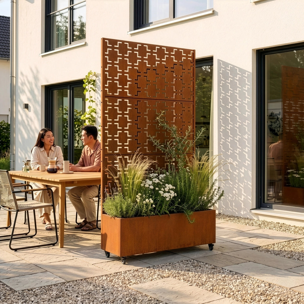 Fioriera con Spalliera Aaskis a Rotelle in Acciaio Corten 190 x 82 x 38 cm - Marrone Ossidato casa.pro