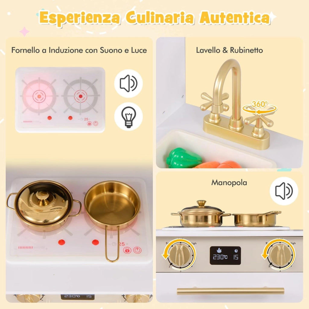 Set da Cucina Giocattolo per Bambini, Cucina per Bambini in Legno con Frigorifero, Macchina da Caffè, Microonde, Fornello, Luci e Suoni Realistici, per 3+ Anni