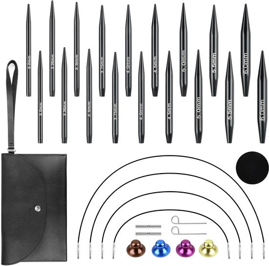 Set di aghi per calze in acciaio - Aghi circolari intercambiabili - Lunghezza 3-6 mm - Aghi in alluminio - Cavi ruotabili - Ideale per calze - Cassetto in metallo