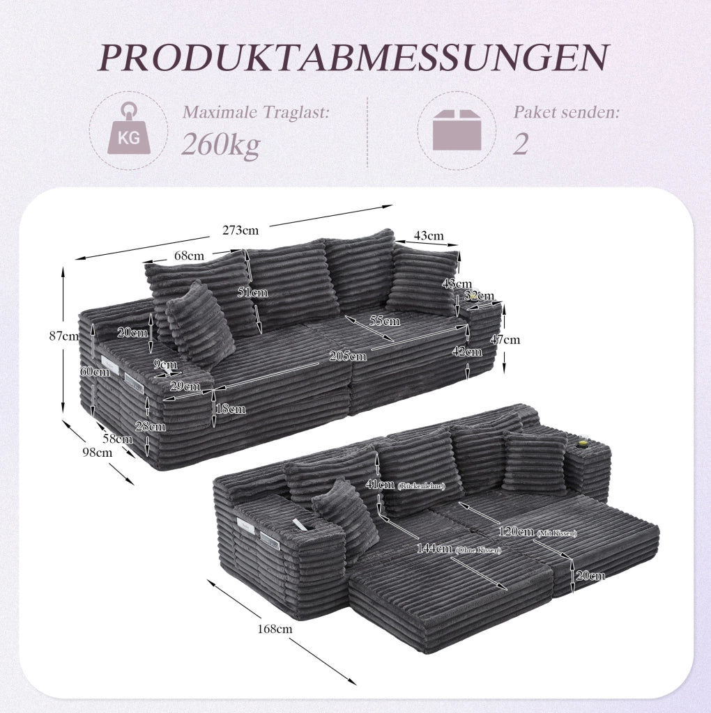 Divano in corduroy grigio scuro con schienale alto; cuscini extra; tasche laterali e portabicchieri; 273 cm