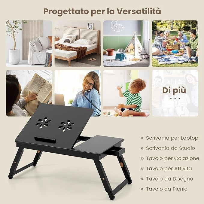 Vassoio per Laptop con Gambe Regolabili e Piano di Dissipazione Termica Inclinabile, Tavolino da Letto Pieghevole con Cassetto Portaoggetti per Leggere, Scrivere e Mangiare (Marrone)
