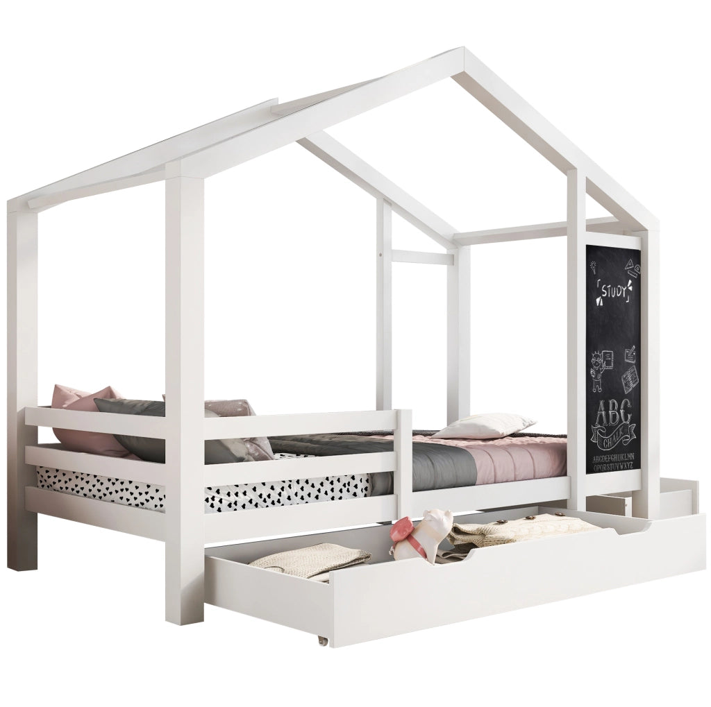 Letto a Casetta per Bambini 90x200 cm Bianco con Lavagna, Cassetti e Rete