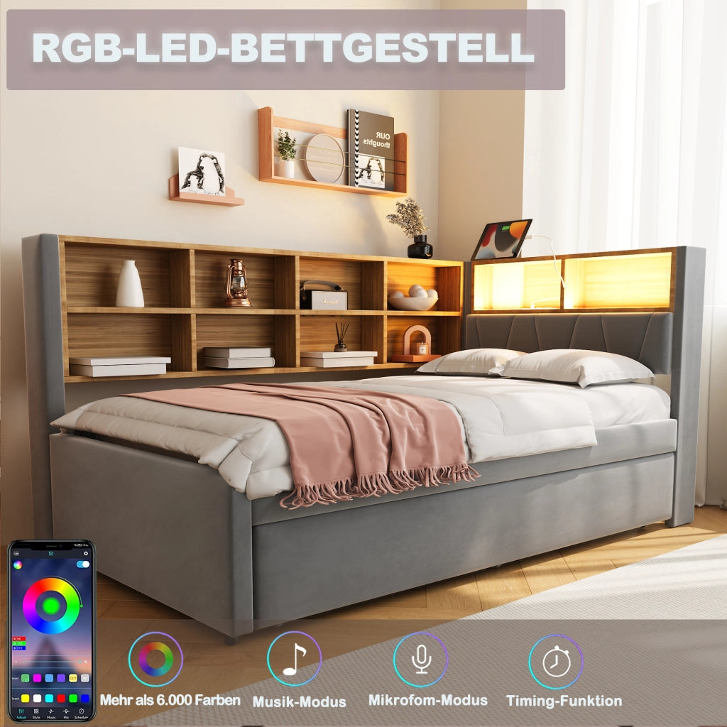 DESMIU Divano letto 90 × 200 cm 2 posti con LED, USB e Type-C, senza materasso, grigio scuro
