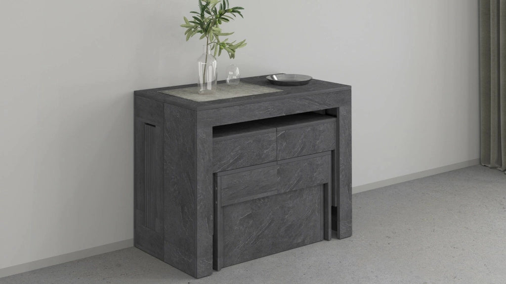 Set tavolo e sedie Auditore, Composizione multiuso, Set con consolle e 2 panche allungabili, 100% Made in Italy, 66x25h45 cm, Ardesia